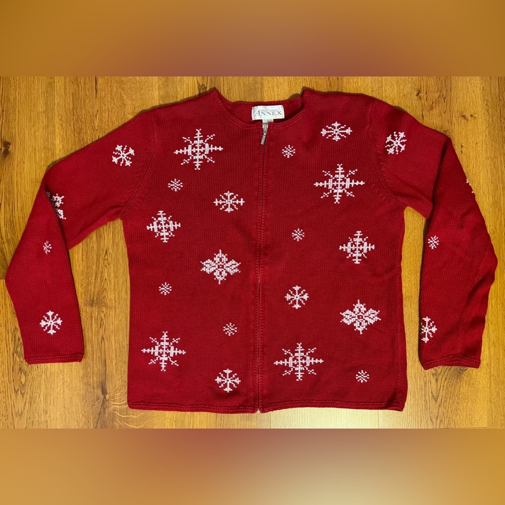 Christmas Sweater Casual Corner Annex Snowflake Zip Up‎ Cardigan Red Women’s L